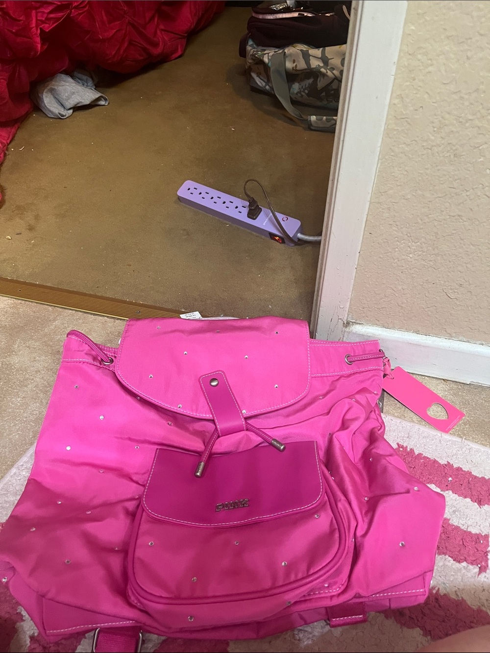 PINK Victoria's Secret Hot Pink Drawstring Backpack with Stud Accents